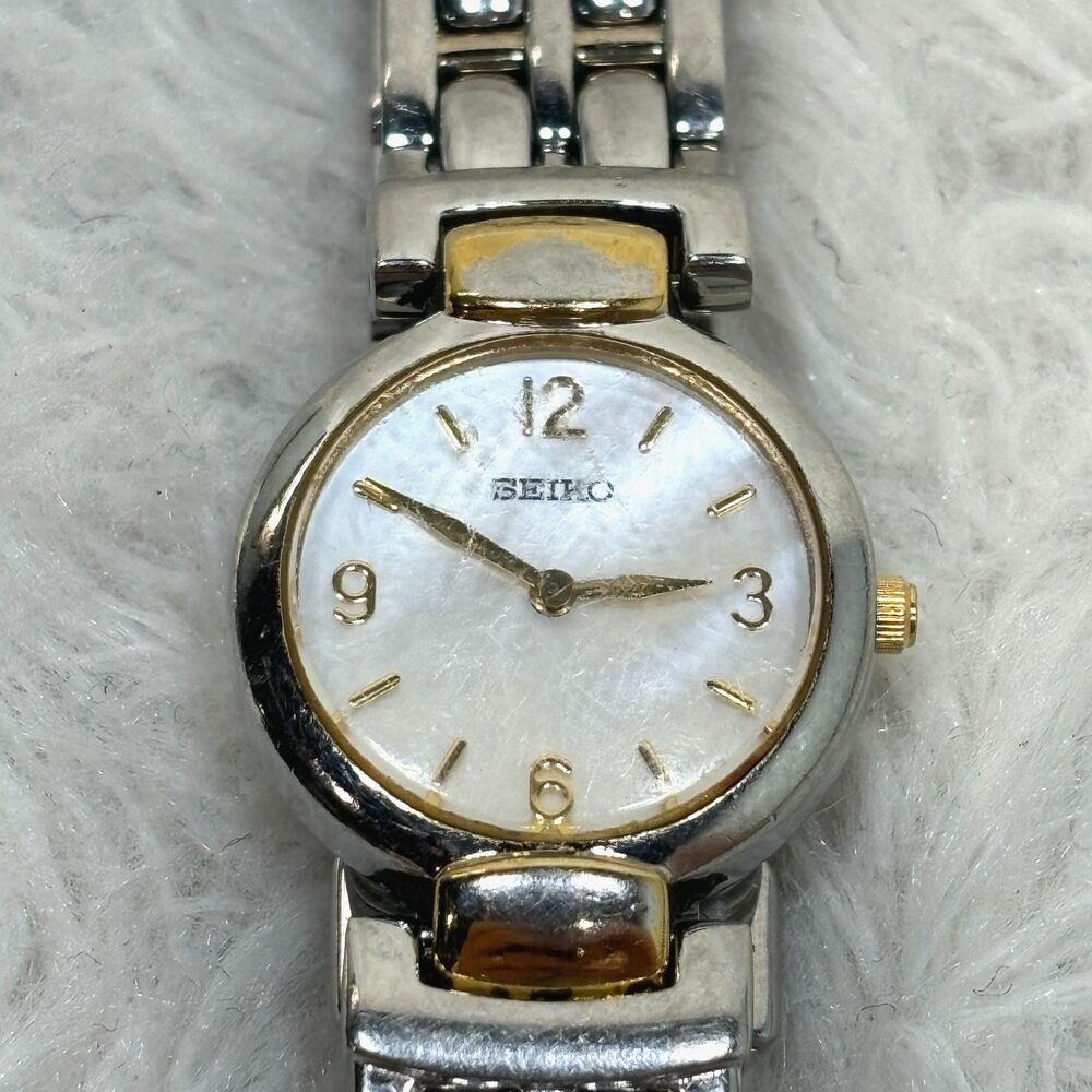 Seiko Womens Quartz Watch 1N00-0GR0 2 Tone Bracelet Band Case MOP Dial Arabic